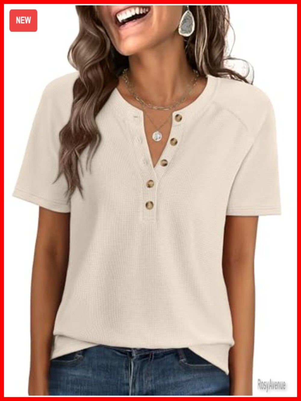 Waffle Knit Henley Top Short Sleeve V-Neck Loose Fit Blouse